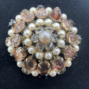 Signed Schreiner Vintage Layered Rhinestone & Faux Pearl Dome Brooch Statement